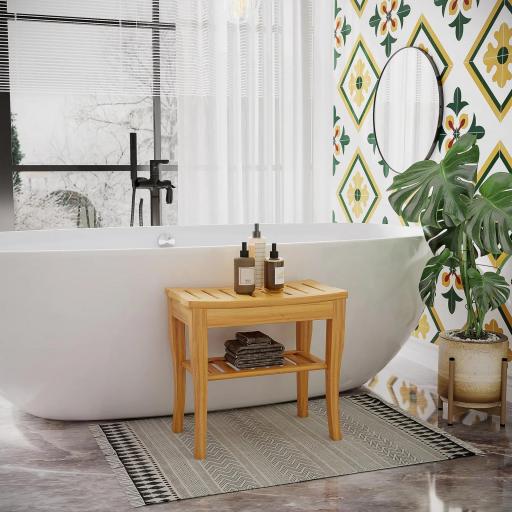 Taburete de Baño de Bambú con Estante Banco de Baño Impermeable y Robusta para Salón SPA 47,5x26x44,5 cm Natural