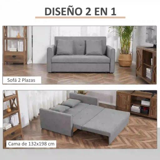 Sofá Cama de 2 Plazas Sofá Cama Tapizado en Poli Algodón con 2 Cojines Desmontables y Espacio de Almacenamiento Sofá Doble para Salón Oficina 152x101x81 cm Gris [2]