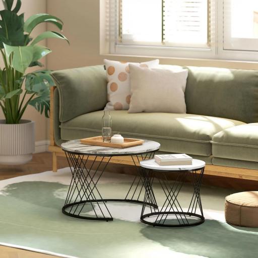 Juego de 2 Mesas Nido Mesas de Centro para Salón Redondas con Tablero con Diseño de Mármol Gris y Blanco [5]