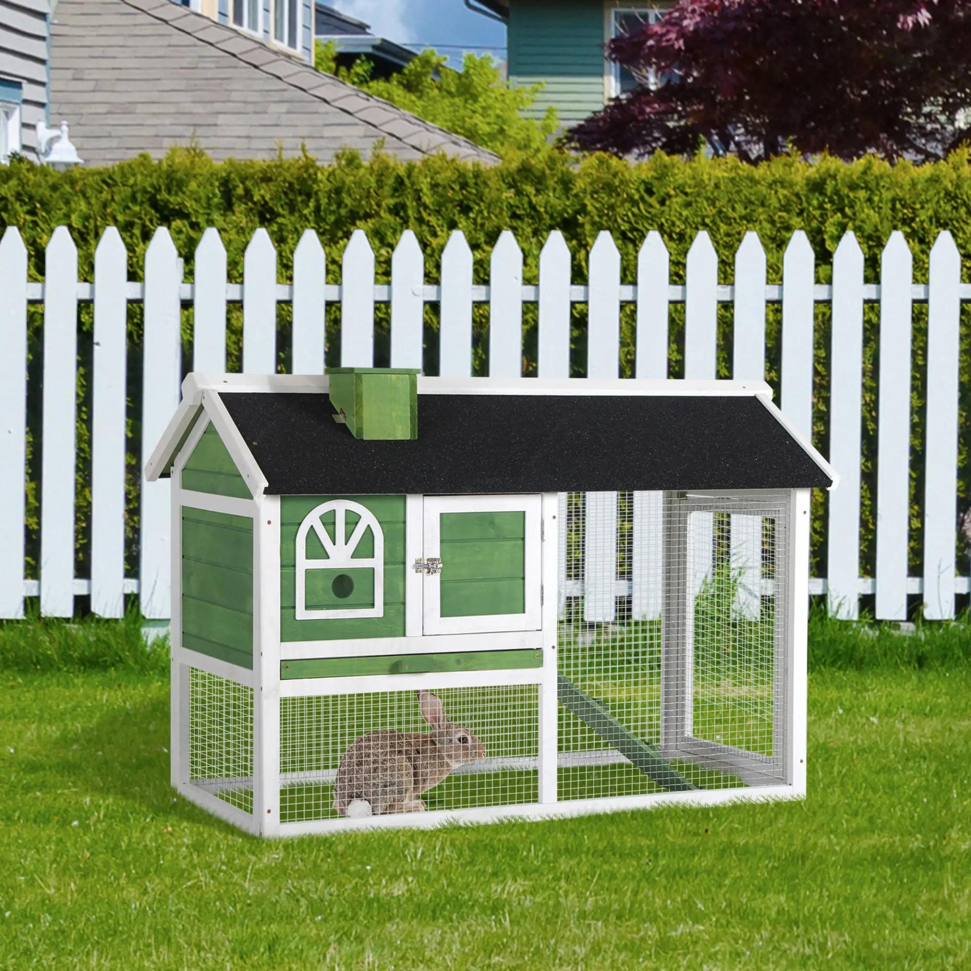 Jaula para Conejos Grande 120x60x79 cm con Techo Asfáltico Bandeja Extraíble Escalera y Chimenea para Exterior Verde