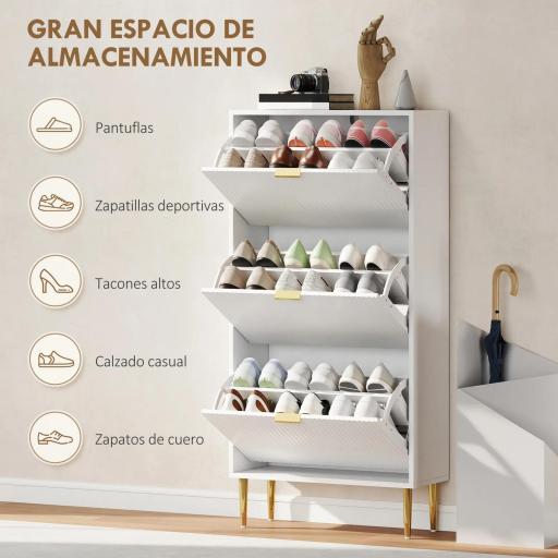 Zapatero Estrecho con 3 Puertas Acanaladas con Estantes Ajustables para 18 Pares de Zapatos 60x24x128 cm Blanco [5]