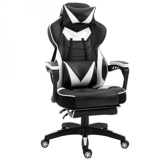 Silla Gaming Ergonómica Silla de Escritorio de Oficina Regulable en Altura Reclinable Respaldo con Reposapiés Reposacabezas Cojín Lumbar Ruedas 65x70x118,5-128,5 cm Blanco [9]