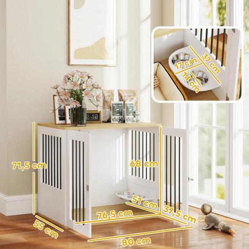 Jaula para Perros Medianos 2 en 1 con 2 Puertas con Puertas Comedero Giratorio de 360° y 2 Cuencos 80x55x71,5 cm Blanco [1]