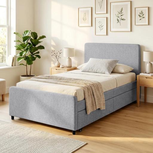 Cama Nido Individual 90x190 cm Estructura de Cama Tapizada en Lino con Cabecero y Piecero Listones de Madera Gris Claro [6]