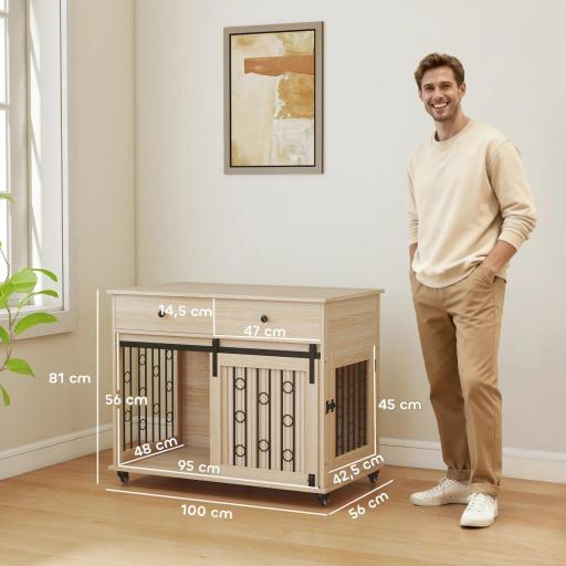 Jaula para Perros Medianos y Grandes Mesa Auxiliar Moderna con 2 Cajones 2 Puertas y Cierre 100x56x81 cm Roble [1]