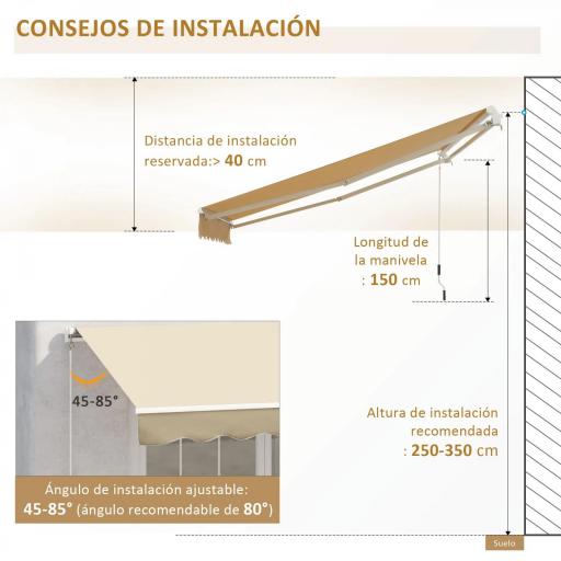 Toldo de Pared con Brazo Articulado y Manivela Marco Resistente de Aluminio y Cubierta de Poliéster 295x245 cm Beige [3]