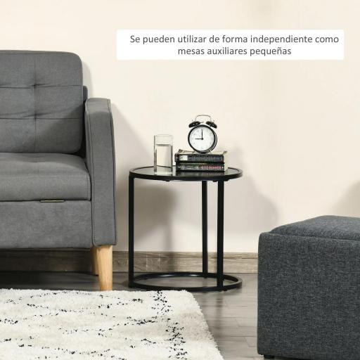 Juego de 2 Mesas Auxiliares Redondas Apilables Mesas Nidos con Encimera en Efecto de Mármol Ø60x46 cm y Ø40x40 cm Negro [2]