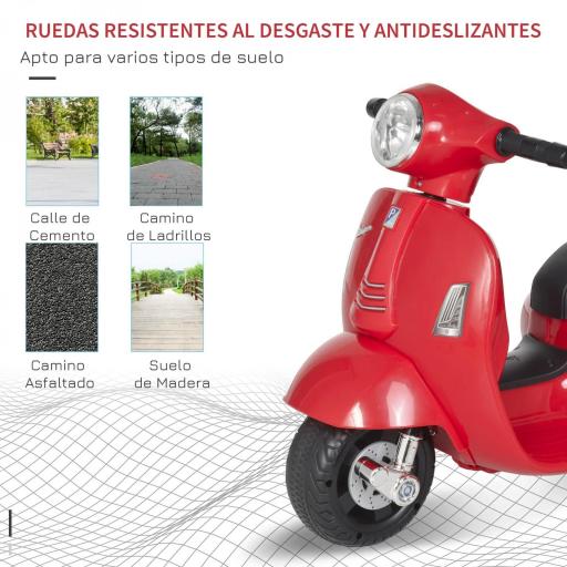 Moto Eléctrica Vespa para Niños de 18-36 Meses Moto de Batería 6V con Faro Bocina y 4 Ruedas Motocicleta Infantil con Licencia 66,5x38x52 cm Rojo [5]