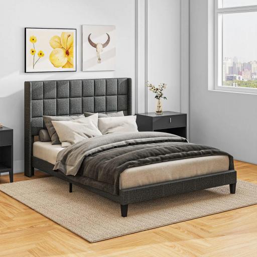 Cama 135x190 cm con Almacenaje Inferior Tapizada y Cabecero Acolchado con Orejas Gris [4]