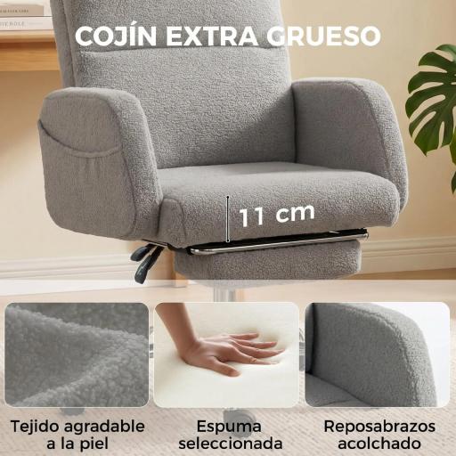 Silla de Escritorio con Reposapiés Tapizada en Borreguito con Respaldo Reclinable Reposacabezas Ajustable Gris Claro [2]