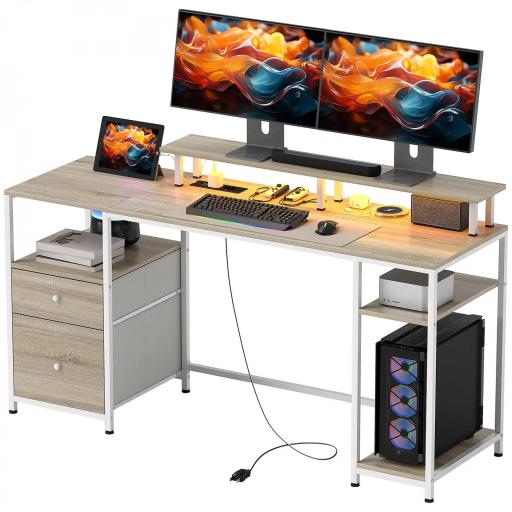 Mesa de Escritorio con Luces LED Cajones Tomas de Corriente Puertos USB y Soporte para Monitor 155,5x48x88,5 cm Natural [8]