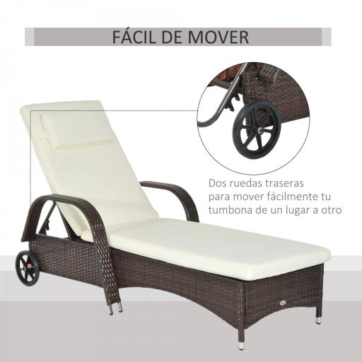 Tumbona de Ratán de Jardín Chaise Longue con Respaldo Ajustable en 5 Posiciones Cojines Acolchados Reposacabezas y 2 Ruedas Carga 160 kg 200x73x30-103 cm Crema y Marrón [3]