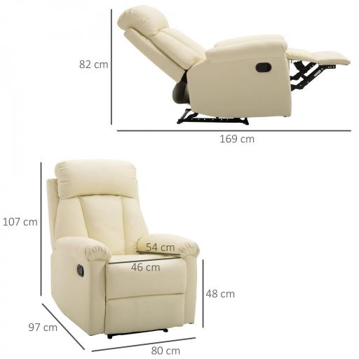 Sillón Relax Reclinable hasta 150° Tapizado en PU Butaca de Salón con Reposapiés Retráctil Respaldo Alto Resposabrazos para Dormitorio 80x97x107 cm Blanco [1]
