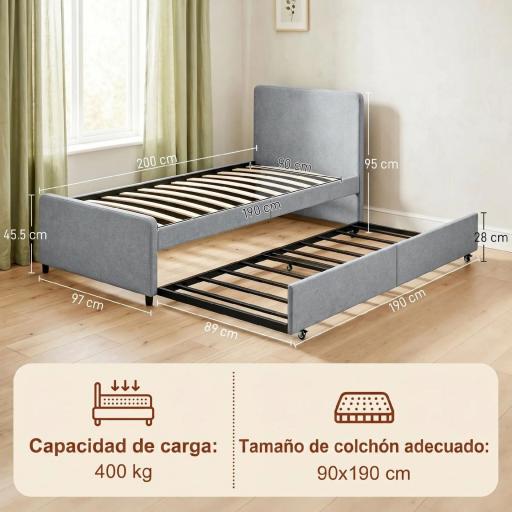 Cama Nido Individual 90x190 cm Estructura de Cama Tapizada en Lino con Cabecero y Piecero Listones de Madera Gris Claro [1]