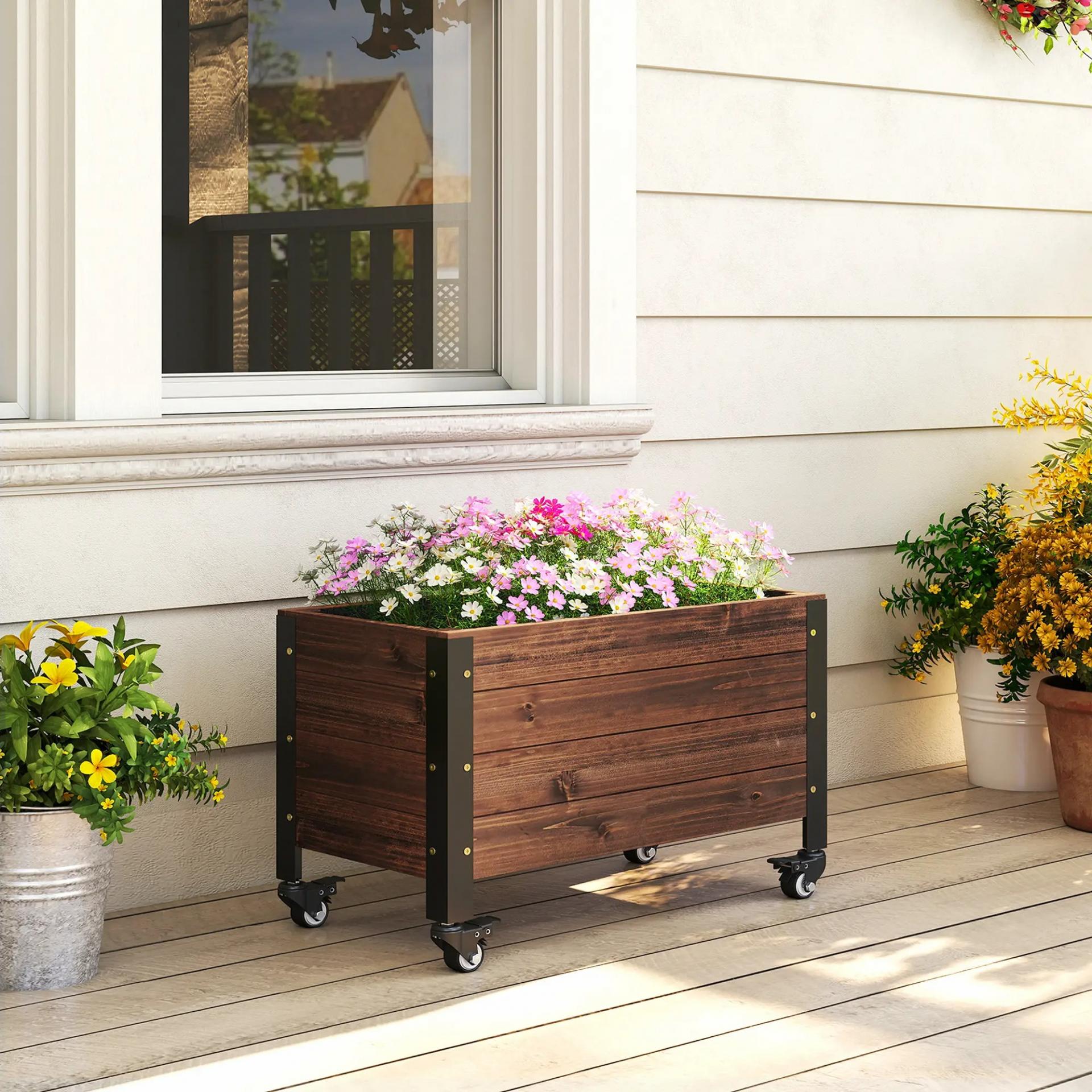 Jardinera Exterior de Madera con Ruedas con Orificio de Drenaje y Tela no Tejida Macetero 60x30x41 cm Marrón Oscuro