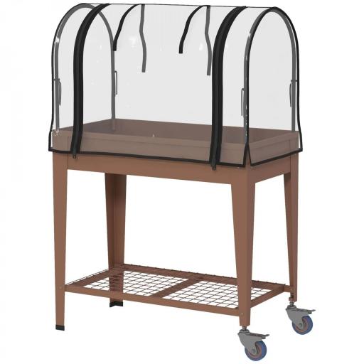 Huerto Urbano Elevado 80x40x120 cm con Cubierta de Invernadero y Estante Inferior para Cultivo Plantas Flores Marrón [8]