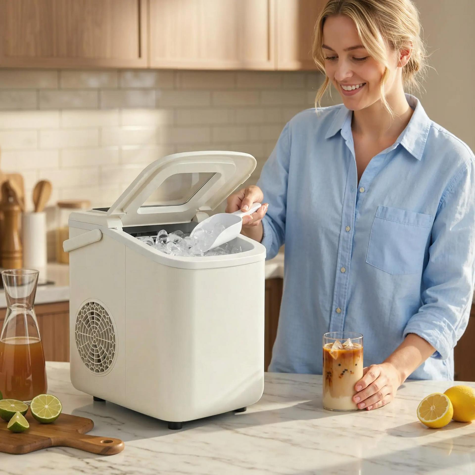 Máquina de Hielo Autolimpiable 12 kg/24H 9 Cubitos Listos en 7 Minutos 2 Tamaños de Hielo 1,2L Depósito Beige