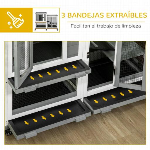Jaula para Conejos 2 Niveles de Madera con 6 Ruedas 2 Escaleras 3 Bandejas Extraíbles y Zona Abierta 110x50x86 cm Gris [2]