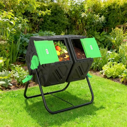 Compostador Giratorio 130L Contenedor Compostaje Doble Cámara Aberturas de Ventilación Patas de Acero 67x60x77 cm Negro [6]