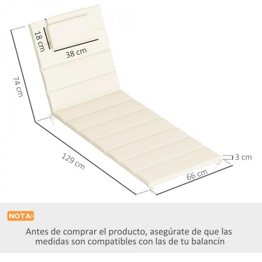 Pack 2 Cojines para Tumbonas Plegables 203x66x3 cm con Reposacabezas y Correas de Sujeción Crema [1]