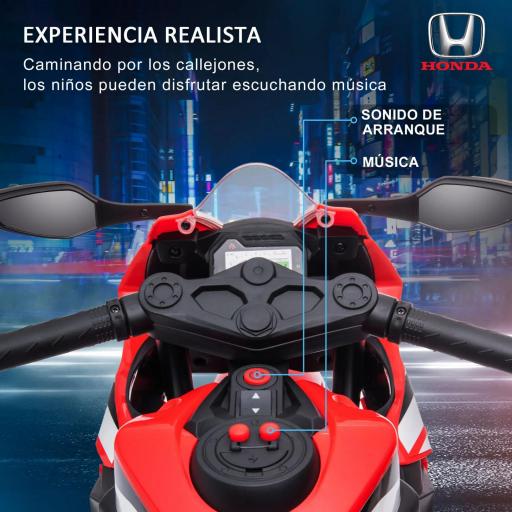 Moto Eléctrica con Licencia HONDA para 3-5 Años con Faros Bocina Música y Ruedas Auxiliares 90x44x52 cm Rojo [6]