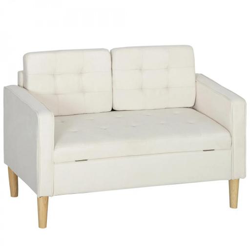 Sofá de 2 Plazas con Espacio de Almacenamiento Patas de Madera Respaldo Capitoné 117x62x78 cm Crema [3]