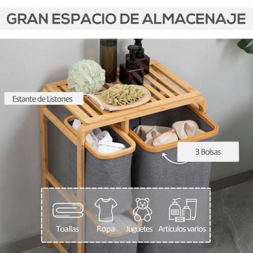 Cesto para Ropa Sucia de Bambú Cesta para la Colada con 3 Bolsas de Tela Extraíbles 50x32x69,7 cm Gris [6]