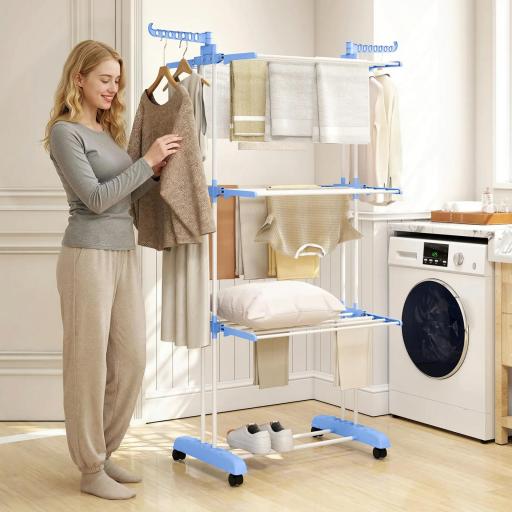 Tendedero Vertical Plegable con Ruedas Tendedero de Ropa de 3 Niveles con Alas Plegables 73x64x172 cm Azul y Blanco
