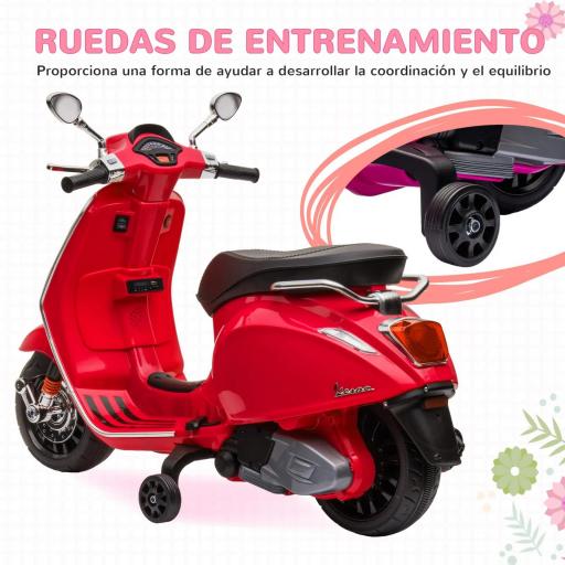 Moto Eléctrica para Niños de +3 Años con Licencia Vespa con USB MP3 Luz LED Radio FM Velocidad 3 km/h Carga 35kg Rojo [5]
