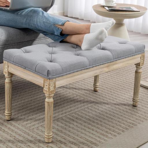 Banco Pie de Cama Tapizado en Lino Sintético con Patas de Madera y Asiento Acolchado Estilo Vintage Gris Claro [3]