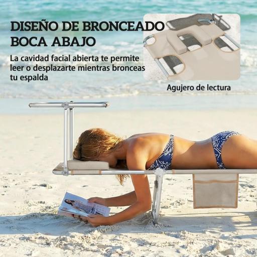 Set de 2 Tumbonas Plegables Reclinables con Dosel 360° Orificio Facial Bolsillo Lateral y Textilene 550 g/m² Beige [6]