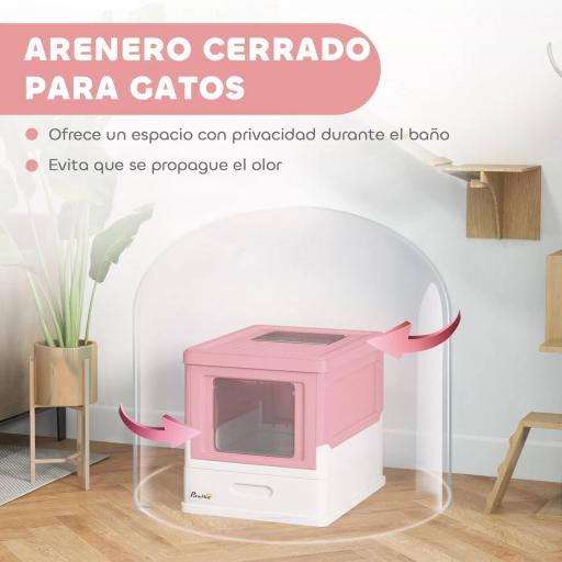 Arenero Cubierto para Gatos Desmontable con Entrada Frontal y Salida Superior con Pala 47,5x35,5x36,7 cm Rosa y Blanco [3]