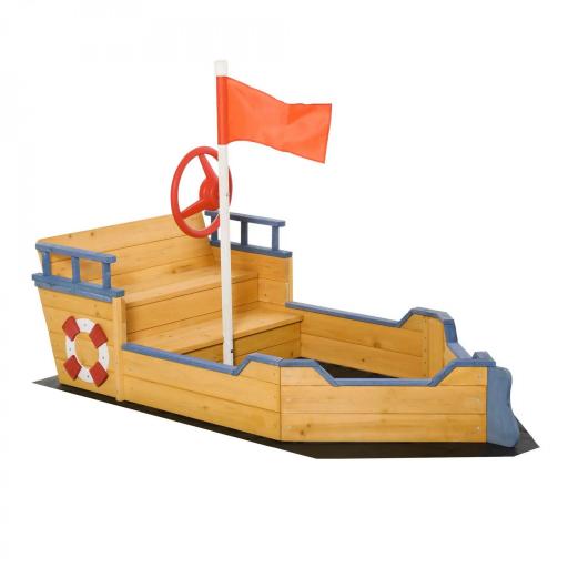 Arenero Infantil de Madera Diseño de Galeón con 2 Escalones Banco con Almacenaje Bandera y Timón Cajón de Arena [8]