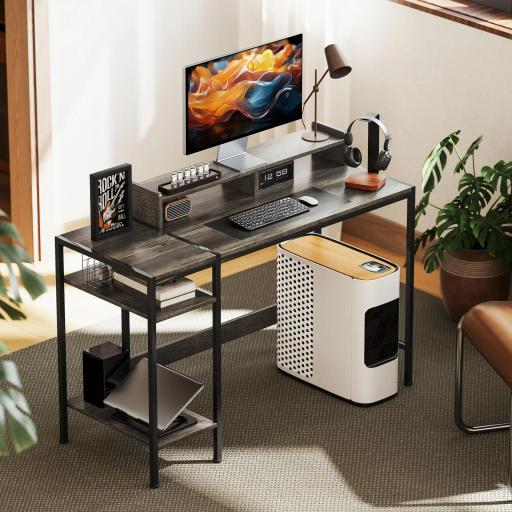 Mesa de Escritorio con Estantes Laterales Soporte para Monitor Ajustable y Estructura Móvil 120x48x85,5 cm Gris Carbón