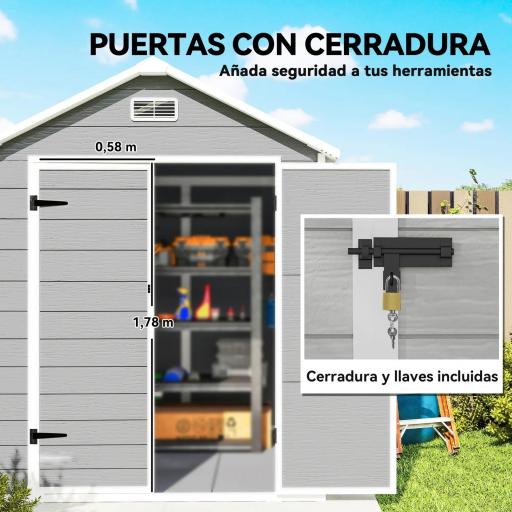 Caseta de Jardín Exterior 182x151x219 cm con Suelo Puerta Cerrada y Techo Inclinado para Almacenar Herramientas Gris [6]