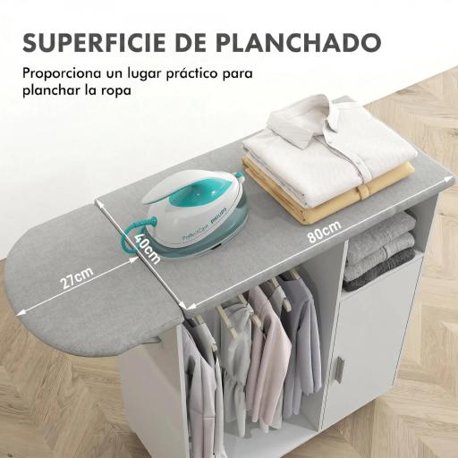 Mueble de Planchar con Ruedas Barra para Colgar Ropa Estante Abierto y Tablero Plegable 127x42,5x99 cm Blanco [4]