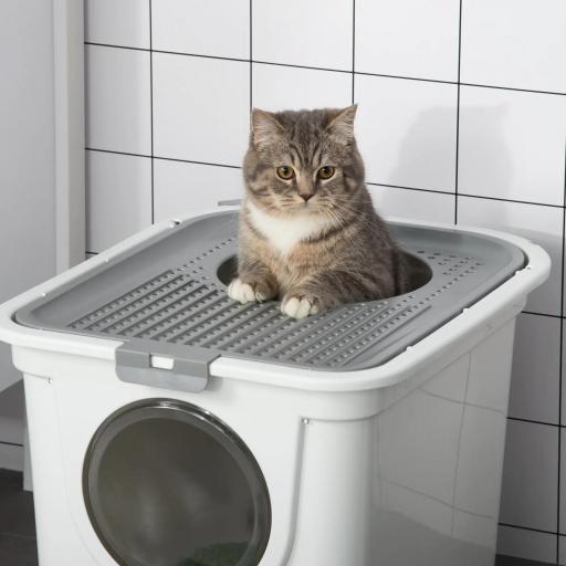 Arenero para Gatos Cubierto con Pala Inodoro para Gatos con 2 Puertas Principal y Superior 44x55x39 cm Blanco y Gris [4]