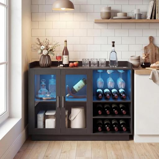 Mueble de Bar con Luces LED RGB y Botellero para 12 Botellas Armario Buffet para Vinos para Comedor Salón Negro [7]