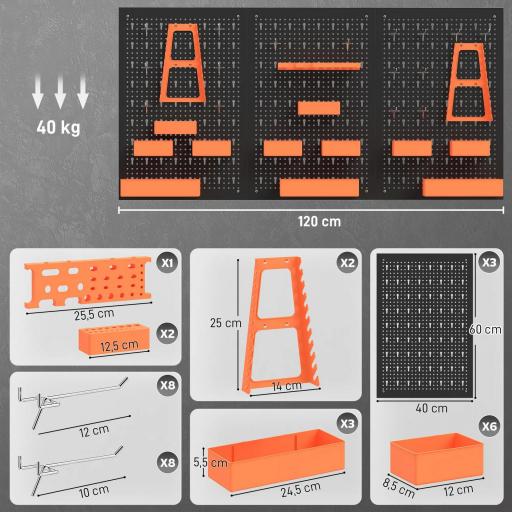 Organizador de Herramientas de Pared de 33 Piezas 120x60 cm con Ganchos Contenedores y Estantes Negro y Naranja [1]