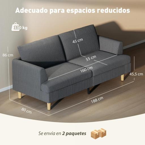 Sofá de 3 Plazas Tapizado en Pana Acolchado Grueso de Muelles Asiento Ancho 2 Almohadas 188x80x86 cm Gris Oscuro [1]