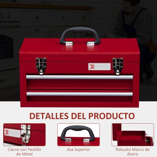 Caja de Herramientas de Acero con 2 Cajones Bandeja Tapa Abatible Cierres Metálicos y Asa 46x24x22 cm Rojo [7]
