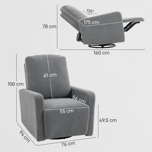 Sillón Relax Reclinable Manual hasta 135º con Reposabrazos Reposapiés Acolchado Grueso y Función de Balanceo 360° Gris [0]