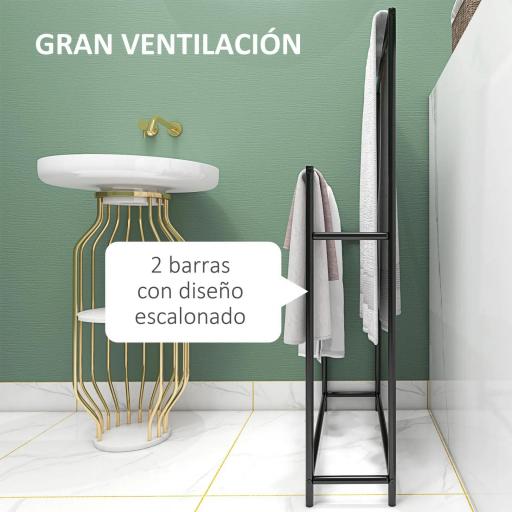 Toallero de Pie con 2 Barras y Marco Metálico Toallero de Baño Moderno 66x20x110 cm Negro [2]