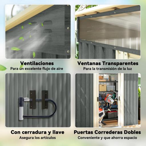 Caseta de Jardín 195x122x181,5 cm con Puerta Corredera 2 Ventanas y Anti-UV para Almacenar Herramientas Gris Claro [5]