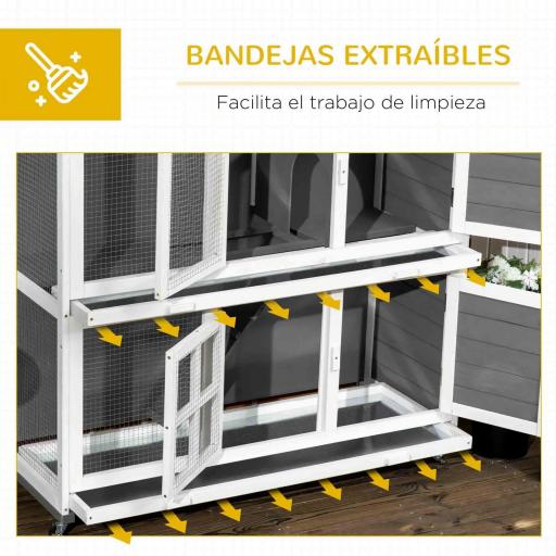 Conejera de Madera de 2 Niveles con Ruedas 2 Puertas Techo y Bandejas Extraíbles 119x50,5x109 cm Blanco y Gris [4]
