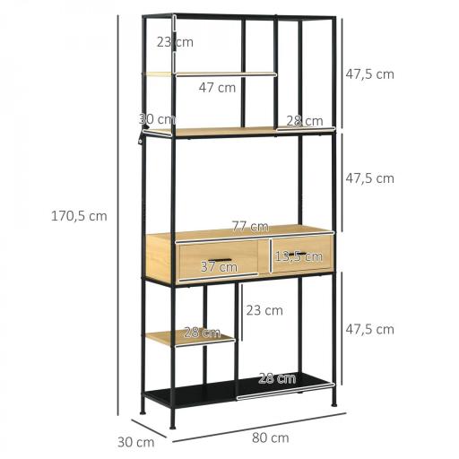 Estantería Estilo Industrial de 5 Niveles Mueble Estantes Almacenaje con 2 Cajones y Marco de Metal 80x30x170,5 cm Roble [1]