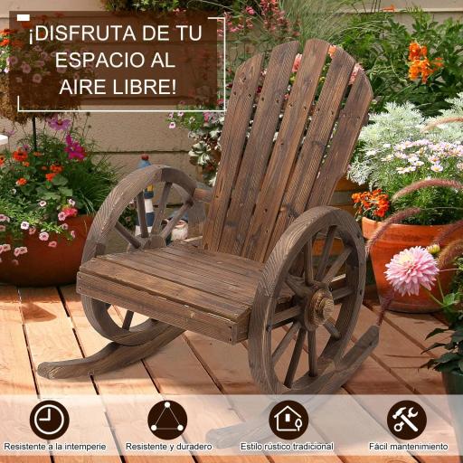 Mecedora Rústica de Madera Maciza para Exteriores Sillón Balancín de Terraza o Jardín 88x68x92 cm Color Madera Envejecida [4]