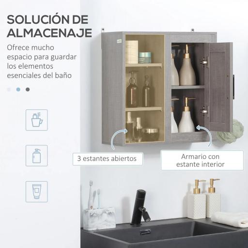 Armario de Baño de Pared con 3 Estantes Abiertos y 1 Puerta Mueble Auxiliar Suspendido Moderno 48x20x50 cm Gris [7]