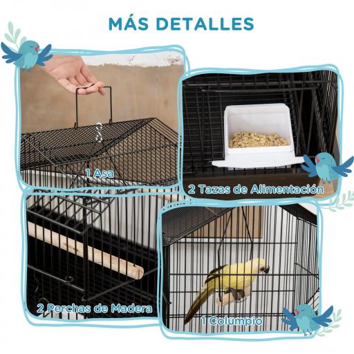 Jaula para Pájaros de Acero Pajarera con Bandeja Extraíble y 2 Comederos Pinzones Periquitos 50,5x41x63 cm Negro [2]