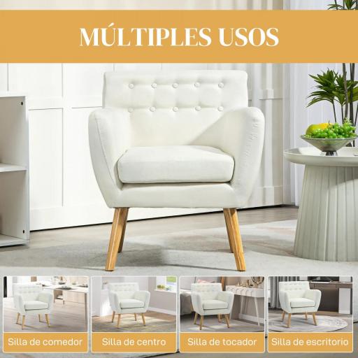 Butaca para Dormitorio con Reposabrazos y Patas de Madera Sofá Individual Carga 125 kg para Oficina Crema [2]